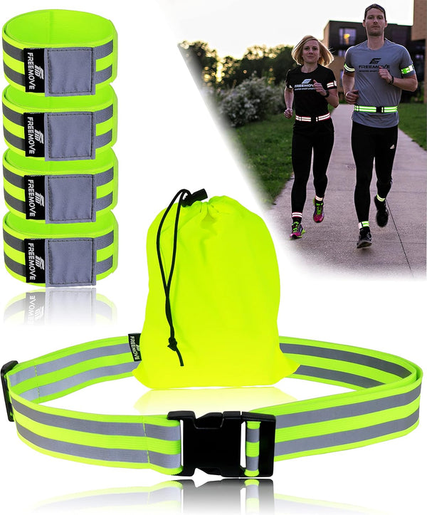 FREEMOVE Reflective SASH with 2 Bands or Reflective Runners Waist Belt with 4 Arm Bands for Visibility & Safety