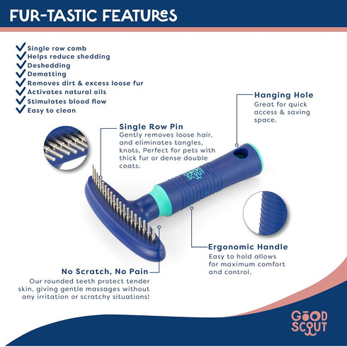 Good Scout Pet Hair Rake with Rounded Teeth for Grooming