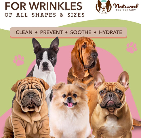 Natural Dog Company Wrinkle Wipes for Dogs, 50 Count, Hypoallergenic Cleaning & Deodorizing Wipes for Grooming