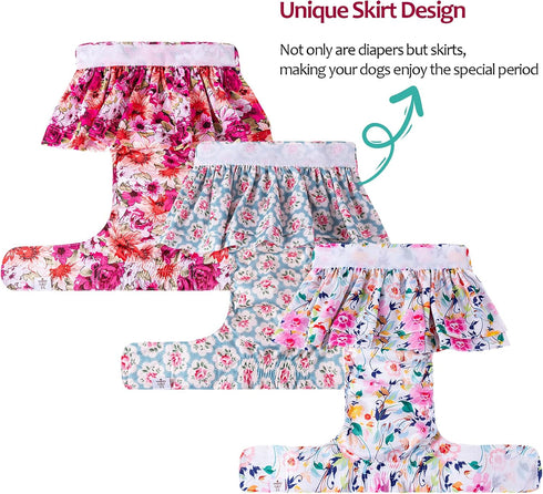 3 Pack QBD03M CuteBone Female Dog Diapers with Skirts Reusable Puppy Dresses Pants for Heat Cycle Period