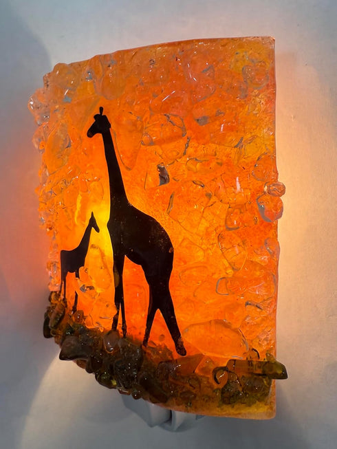 Reborn Glass Sunset Giraffes Mom Baby Serengeti Safari Fused Recycled Glass Art Night Light Nightlight Nitelite