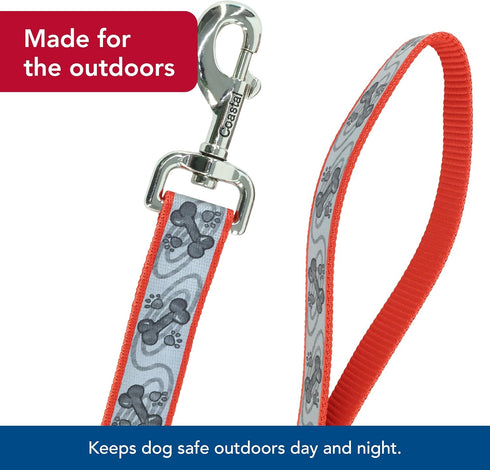 Coastal Lazer Brite Reflective Dog Leash, Red Paws and Bones, 1" x 6'