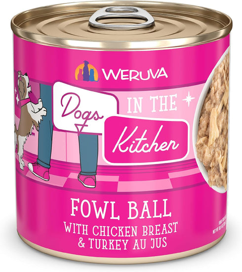Weruva Dogs in The Kitchen Fowl Ball Dog Food with Chicken Breast & Turkey Au Jus, 10oz Can (Pack of 12)