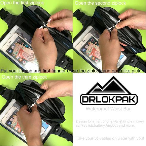 Waterproof Waist Bag with Secret Holder for Phone, Kindle, Wallet, Watch, Passport - Perfect for Beach, Pool (Black)