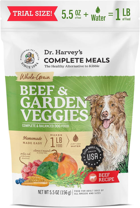 Dr. Harvey's Beef & Garden Veggies Dog Food, Human Grade Whole-Grain Dehydrated Food with Freeze-Dried Beef, 5.5 Ounces