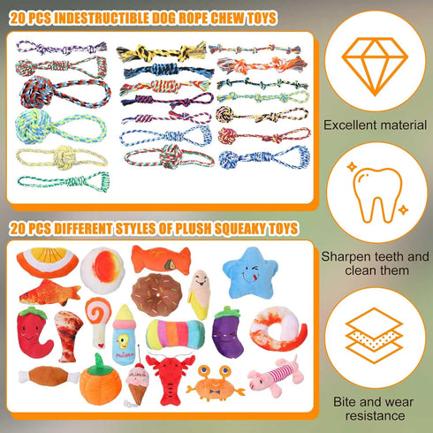 Leyndo 40 Pack Dog Chew Toys for Aggressive Dogs, Plush Squeaky and Rope Toys for Medium and Large Breeds