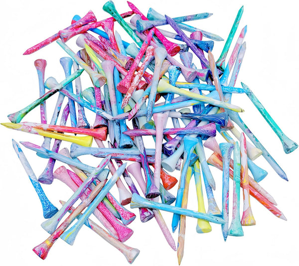 Multiple Colored Painted-on Designs Golf Tees, Pack of 100, Natural Bamboo, Size 2-3/4 inch and 1-1/2 inch