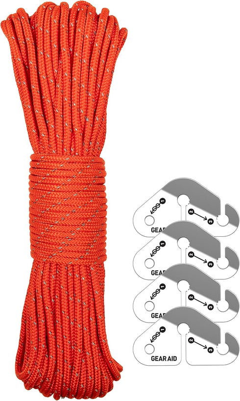 GEAR AID Reflective Guyline Kit - 50 ft with Line Tensioners for Tents and Tarps, Orange
