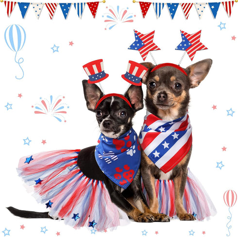 4th of July Dog Costume Accessories - 6 Pieces Includes Bandanas, Tulle Tutu, Patriotic Headbands for Dogs