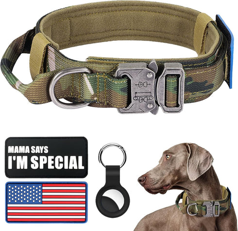 Tactical Military Dog Collar - Adjustable Nylon Heavy Duty with Metal Buckle and Handle for Dog Training (Camo, XL)