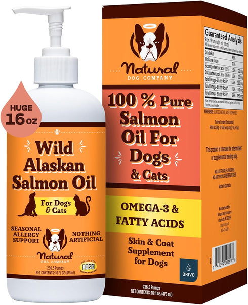 Natural Dog Company Pure Wild Alaskan Salmon Oil, 16oz Skin & Coat Supplement for Dogs
