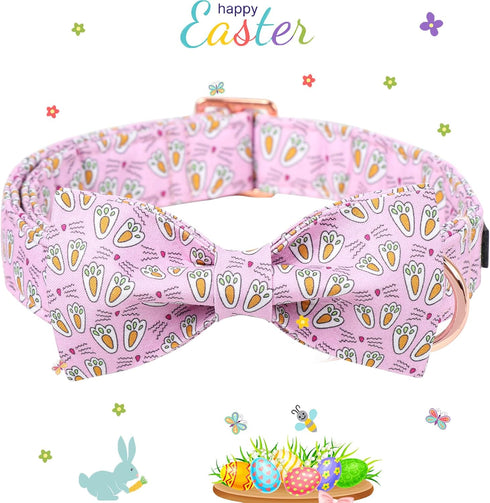 Maca Bates Easter Day Dog Collar with Bow Tie, Adjustable Pink Eggs Collar for Small Medium Large Dogs