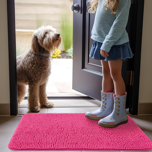 OLANLY Dog Door Mat for Muddy Paws, 30x20, Absorbent Non-Slip Washable Mat, Quick Dry Chenille, Hot Pink