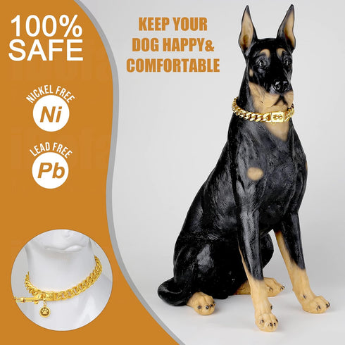 Cuban Link Dog Chain Collar, 12mm with Secure Snap, Bell & Dog Tag, Stainless Steel 18K Gold for Puppy, Small, Medium,