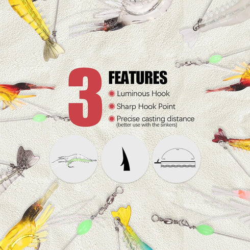 Hilitchi 15 Pcs Soft Shrimp Lures, Luminous Artificial Fishing Bait for Freshwater Trout, Bass, Salmon