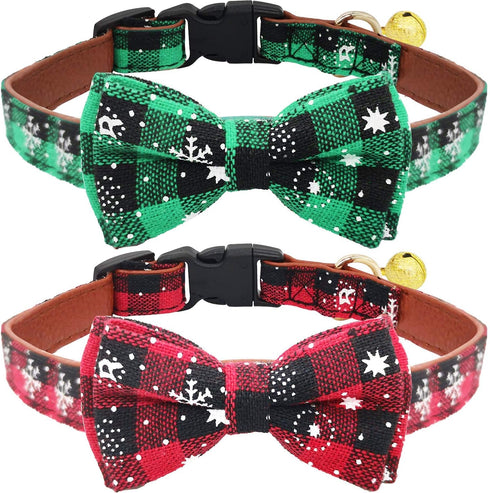 KUDES 2 Pack Christmas Snowflake Dog Collars, Breakaway with Bow Tie and Bells for Cats and Small Pets (Red & Green)