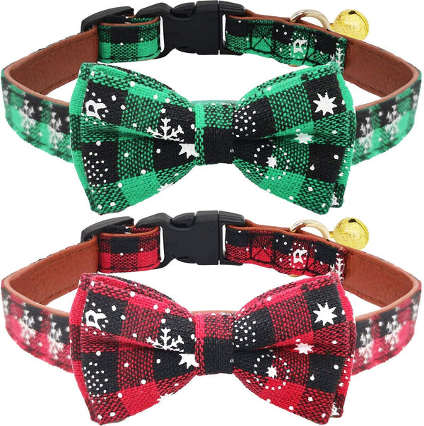 KUDES 2 Pack Christmas Snowflake Dog Collars, Breakaway with Bow Tie and Bells for Cats and Small Pets (Red & Green)