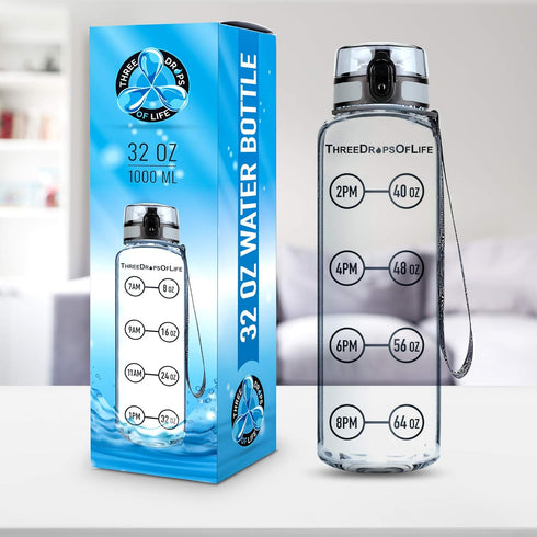 Time Marked Water Bottle - Clear Sports Timed Bottle 32 oz - Best for Measuring Water Intake - Tritan BPA-Free