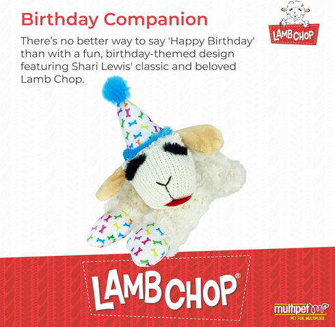 (10.5", 5 Multipet Lamb Chop Dog Plush Toy w/Birthday Hat - Squeaky Toy for All Dogs - Extra Soft Plush - Stuffed