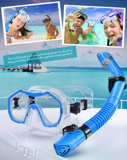 Snorkeling Gear for Kids, Snorkel Set for Ages 6-14, 180° Panoramic Wide View Mask Set for Breathing Freely