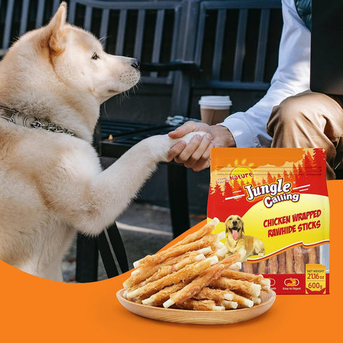 52 Count 5 Inch 21.2 oz Jungle Calling Chicken Wrapped Rawhide Sticks Dog Treats, High-Protein, Digestible Dog Chews