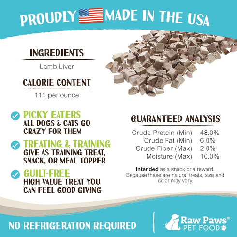 Raw Paws Freeze Dried Lamb Liver Treats for Dogs & Cats, 4-oz Made in USA for Training & Treats