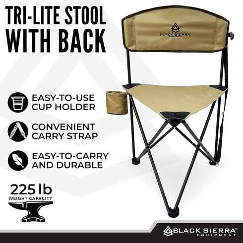 225 LBS Black Sierra Tri-Lite Stool with Back Lightweight, Folding Chair, for in the Hunting Blind, Camping