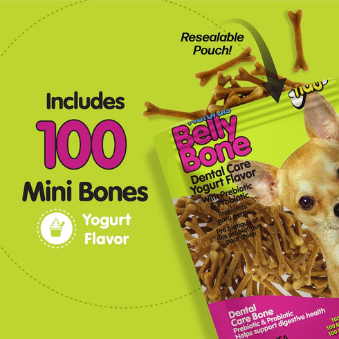 Naturals Belly Bones for Dogs, 100 Yogurt Flavor Mini Dental Treats, 100 Count, Made in USA for Extra Small Dogs