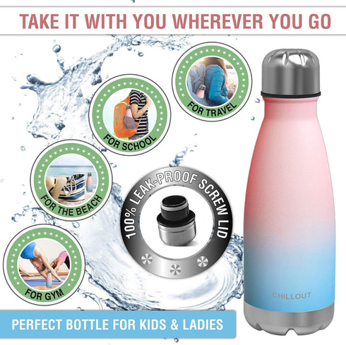 12 oz CHILLOUT LIFE Stainless Steel Water Bottle for Kids School: Double Wall Insulated Cola Bottle Shape for Cold