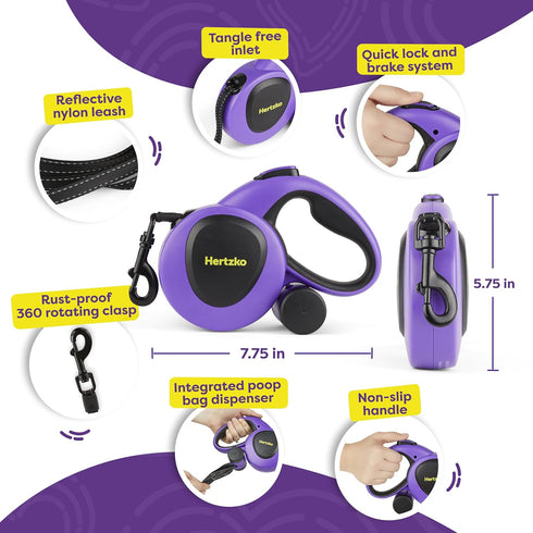 Hertzko Heavy Duty Retractable Dog Leash with Built-in Poop Bag Holder & Water Dispenser - Purple & Black, 16 Ft