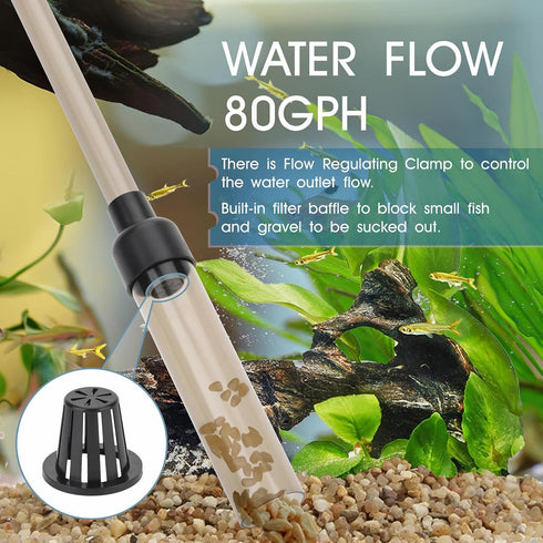 hygger Small Gravel Vacuum for Aquarium, Manual 80GPH Cleaner, Low Water Level Changer with Adjustable Length