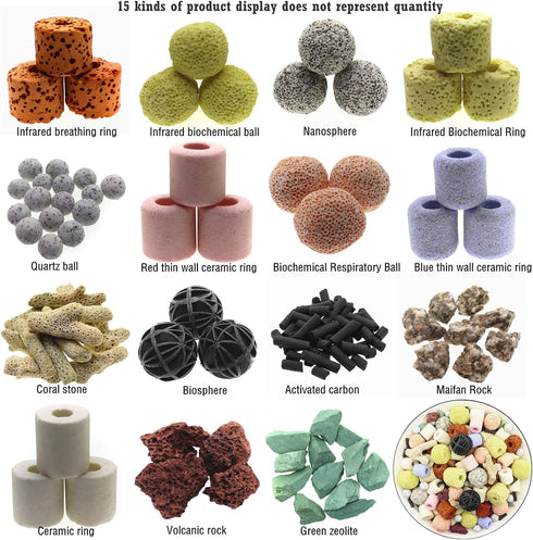 15 in 1 Aquarium Filter Media Bio Balls and Ceramic Rings, 500g Mesh Bag with Zipper for Fish Tank Pond