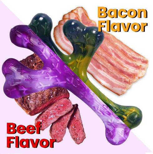 Dog Toys for Aggressive Chewers, 2 Pack Tough Chew Toys, Indestructible Beef Bacon Flavor for Large Dogs