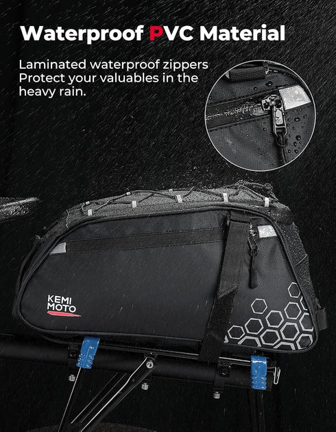 KEMIMOTO Rear Bike Rack Bag - 13L Waterproof 3 IN 1 Trunk Bag for Road Mountain City Bikes