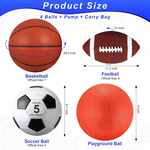 4 Set Lenwen Pcs Sports Balls for Teen Adult, Include Official Size Basketball Soccer Football Playground Ball Pump