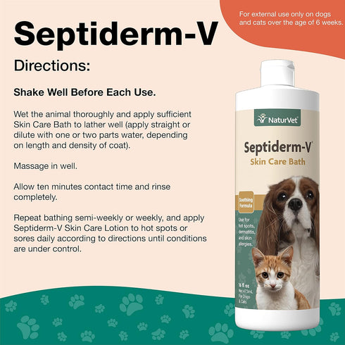NaturVet Septiderm-V Skin Care Bath Wash for Dogs & Cats – Pet Shampoo, Grooming Aid for Itching & Hot Spots – 16 Oz.