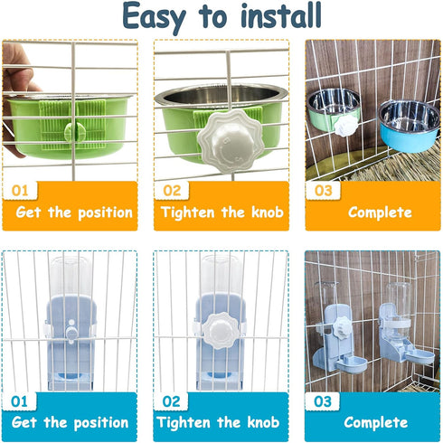 Hamiledyi 3PCS Crate Bunny Food Bowl, Removable Stainless Steel Dual Bowls with Plastic Hanging Water Fountain