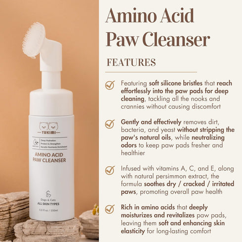 YUKIMI Premium Amino Acid Paw Cleanser with Silicone Brush for Dogs & Cats, Hypoallergenic, Hydrating, Moisturizing