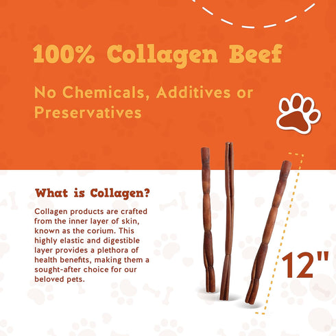 Jack&Pup 12" Beef Collagen Sticks for Dogs | Rawhide Free Dog Chews Long Lasting | Single Ingredient Healthy Dog Treats for Medium Dogs | Bully Stick Alternative (5 Pack)