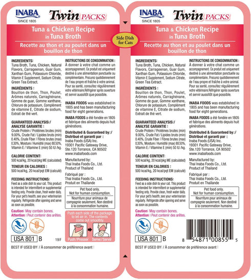 INABA Twin Packs for Cats, Shredded Chicken & Broth Gelée Side Dish Pouch, 1.4 Ounces, 12 Pouches, Tuna & Chicken