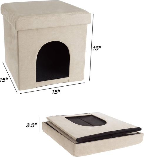 Pet House Ottoman - Collapsible Multipurpose Small Dog or Cat Bed Cube and Footrest with Cushion Top and Interior