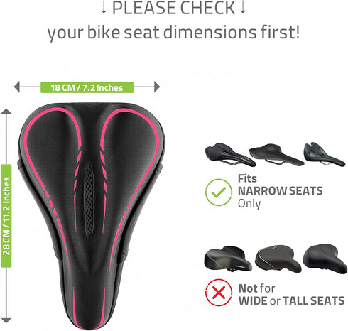 Narrow Gel Bike Seat Cushion, Extra Soft Comfy Bicycle Seat Cover with Extra Memory Foam & Gel for All Bikes