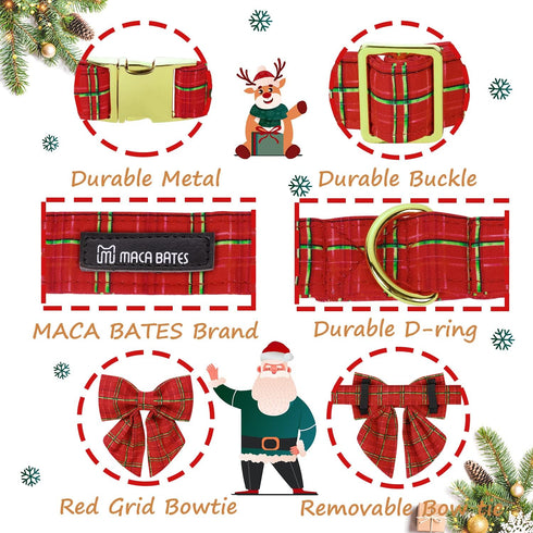 Maca Bates Christmas Plaid Dog Collar with Bow Tie, Adjustable Breakaway Red Collars for Small Medium Large Dogs