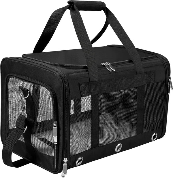 Soft Sided Cat/Dog Carrier, Collapsible Travel Carriers for Pets with Shoulder Strap & Removable Mat (Black, M)