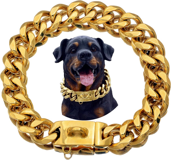 Strong Stainless Steel Gold Dog Collars, 23MM Cuban Link Chain, Safety Buckle Lock, for All Sizes (24")