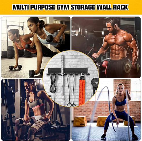 Gym Equipment Storage Rack - Multi-Purpose Wall Mount for Resistance Bands, Jump Ropes, Yoga Mat, Foam Roller, Barbells