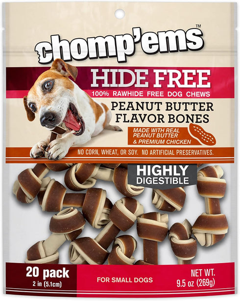 CHOMP 'EMS Chicken & Peanut Butter Hide Free Dog Chews - 20 Count, Rawhide Free Chew for All Life Stages