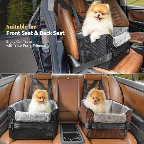 25 lbs PETSFIT Small Dog Car Seat, Waterproof PU Leather Dog Carseat with Patent Safe Buckles, Clip-On Leash, Car Seat