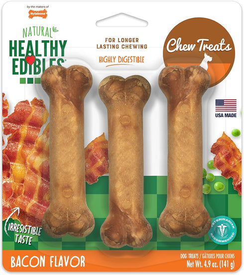 Nylabone Healthy Edibles Natural Dog Chews, Long Lasting Bacon Flavor Treats for Dogs, Small/Regular, 3 Count