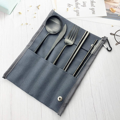 JASHII Portable Utensils, Travel Camping Cutlery Set, 7-Piece 304 Stainless Steel Flatware set including Knife Fork Spoon Chopsticks Cleaning Brush Straws Portable Case, Black - Blue Pouch by JASHII
